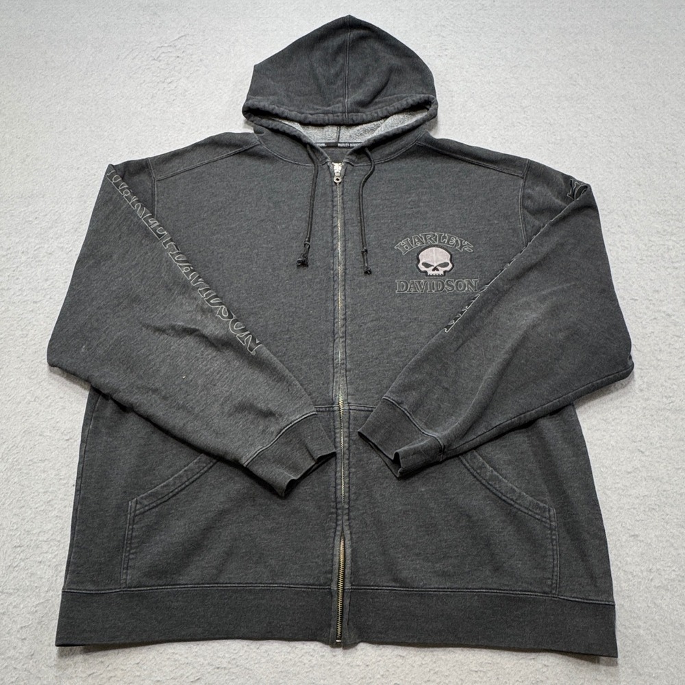 Y2K Harley-Davidson Hoodie Men's 2XL Gray Zip Up Fleece Willie G Skull Bikercore